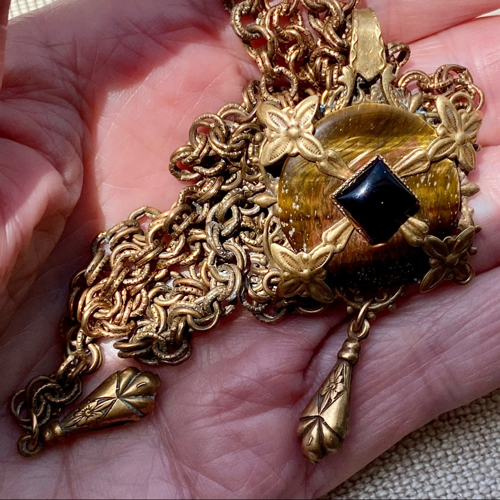VTG Jan Michaels Tigers Eye & Black Onyx Pendant Necklace on Long Chain - Picture 9 of 10
